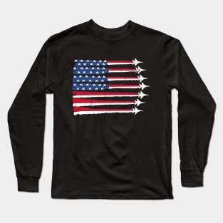 Fighter Jet Airplane American Flag Patriotic 4th Of July distressed Long Sleeve T-Shirt